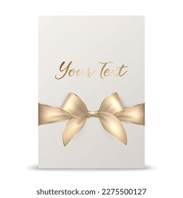 Vector 3d Realistic Golden Gift Ribbon and Bow with White Greeting Card Background. Bow Design Template, Concept for Birthday, Christmas Presents, Gifts, Invitation, Card, Gift Box. Holiday Decoration