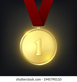 Vector 3d Realistic Golden Medal with Red Ribbon. Victory Concept. Glow First Place Badge Closeup on Dark Background. Front View