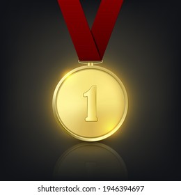 Vector 3d Realistic Golden Medal with Red Ribbon. Victory Concept. Glow First Place Badge Closeup on Dark Background. Front View