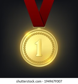 Vector 3d Realistic Golden Medal with Red Ribbon. Victory Concept. Glow First Place Badge Closeup on Dark Background. Front View