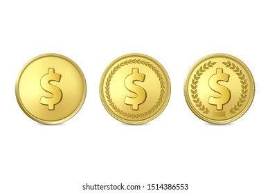 Vector 3d Realistic Golden Metal Dollar Coin Icon Set Closeup Isolated on White Background. Design Template, Clipart of Gold Money, Currency. Financial, Business Concept. Front View