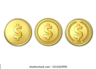 Vector 3d Realistic Golden Metal Dollar Coin Icon Set Closeup Isolated on White Background. Design Template, Clipart of Gold Money, Currency. Financial, Business Concept. Top View