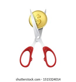 Vector 3d Realistic Golden Metal Dollar with Scissors Сutting a Сoin Icon Closeup Isolated on White Background. Sale Banner with Percent Discount, Exchange Currency Rate. Financial, Business Concept