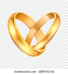 Vector 3d Realistic Golden Metal Wedding Ring Set Closeup. Design Template of Shiny Rings in the Shape of Heart. Wedding, Engagement, Love, Romantic, Jewelry Store Concept. Rings Clipart, Mockup