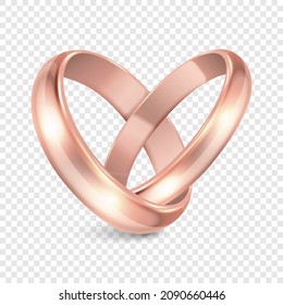 Vector 3d Realistic Golden Metal Wedding Ring Set Closeup. Design Template of Shiny Rings in the Shape of Heart. Wedding, Engagement, Love, Romantic, Jewelry Store Concept. Rings Clipart, Mockup