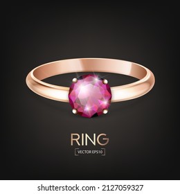 Vector 3d Realistic Golden Metal Wedding Ring with Pink Gemstone, Diamond Closeup Isolated. Design Template of Shiny Golden Ring. Side, Front View