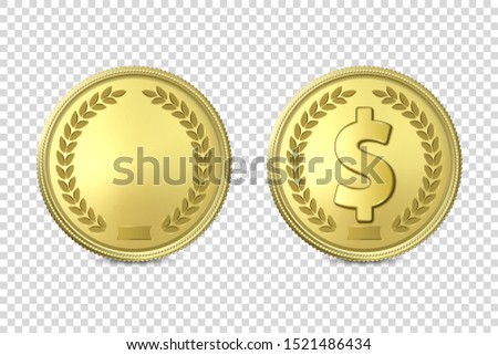 Vector 3d Realistic Golden Metal Coin Icon Set, Blank and with Dollar Sign, Closeup Isolated on Transparent Background. Design Template, Clipart of Gold Money, Currency. Financial Concept. Front View