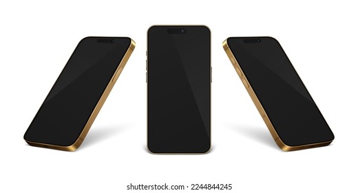 Vector 3d Realistic Golden Modern Smartphone Design Template Set Closeup Isolated on White Background. Mobile Phone Mockup. Telephone Device UI UX, Phone in Front, Half Turn View