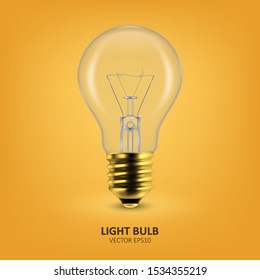 Vector 3d Realistic Golden Off Light Bulb Icon Closeup on Yellow Background. Design Template, Clipart. Glowing Incandescent Filament Lamps. Creativity Idea, Business Innovation Concept