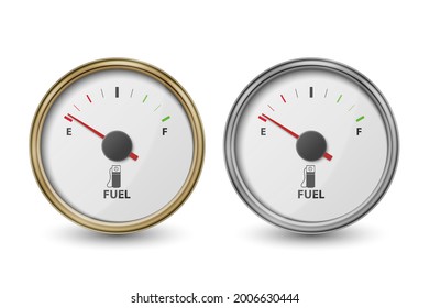 Vector 3d Realistic Golden and Silver Circle Gas Fuel Tank Gauge, Oil Level Bar Icon Set Isolated on White Background. Car Dashboard Details. Fuel Indicator, Gas Meter, Sensor. Design Template