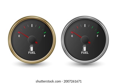 Vector 3d Realistic Golden, Silver Circle Gas Fuel Tank Gauge, Black Dial, Oil Level Bar Set Isolated on White Background. Car Dashboard Details. Fuel Indicator, Gas Meter, Sensor. Design Template