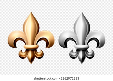 Vector 3d Realistic Golden and Silver Fleur De Lis Set. Heraldic Lily Collection, Front View. Vector Illustration