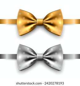 Vector 3D Realistic Golden, Silver Bow Tie Icon Set Closeup Isolated. Silk Glossy Bowtie, Tie Gentleman. Mockup, Design Template of Stylish Bow Tie for Men. Fashion, Father's Day Holiday Concept