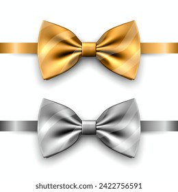 Vector 3D Realistic Golden, Silver Bow Tie Icon Set Closeup Isolated. Silk Glossy Bowtie, Tie Gentleman. Mockup, Design Template of Stylish Bow Tie for Men. Fashion, Father's Day Holiday Concept