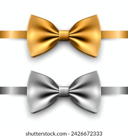 Vector 3D Realistic Golden, Silver Bow Tie Icon Set Closeup Isolated. Silk Glossy Bowtie, Tie Gentleman. Mockup, Design Template of Stylish Bow Tie for Men. Fashion, Father's Day Holiday Concept