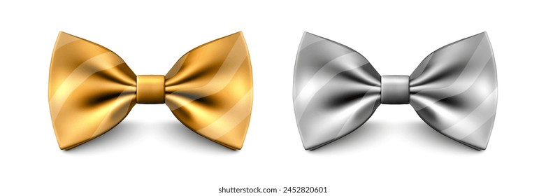 Vector 3D Realistic Golden and Silver Color Bow Tie Set Isolated. Silk Glossy Bowtie, Tie Gentleman. Mockup, Design Template of Stylish Bow Tie for Men. Fashion, Father s Day Holiday Concept