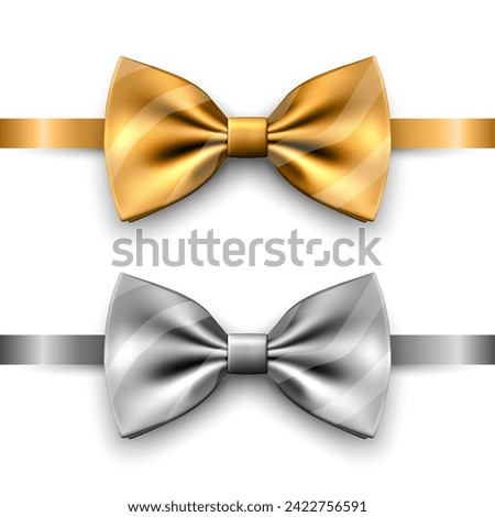 Vector 3D Realistic Golden, Silver Bow Tie Icon Set Closeup Isolated. Silk Glossy Bowtie, Tie Gentleman. Mockup, Design Template of Stylish Bow Tie for Men. Fashion, Father's Day Holiday Concept