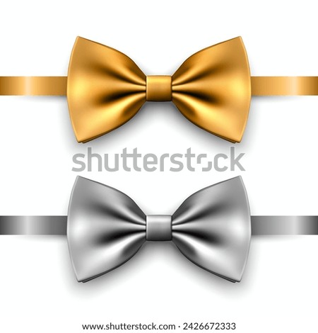Vector 3D Realistic Golden, Silver Bow Tie Icon Set Closeup Isolated. Silk Glossy Bowtie, Tie Gentleman. Mockup, Design Template of Stylish Bow Tie for Men. Fashion, Father's Day Holiday Concept