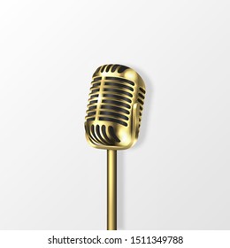 Vector 3d Realistic Golden Steel Retro Concert Vocal Microphone with Shadow Closeup on White Background. Design Template of Vintage Karaoke Metal Mic. Front view