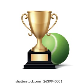 Vector 3d Realistic Golden Trophy Cup with Tennis Ball. Sports Award Illustration for Tennis Tournament, Match Victory, Champion Prize, Sports Event Design, Competition Reward, Winner Concept