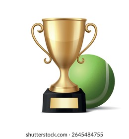 Vector 3d Realistic Golden Trophy Cup with Tennis Ball. Sports Award Illustration for Tennis Tournament, Match Victory, Champion Prize, Sports Event Design, Competition Reward, Winner Concept
