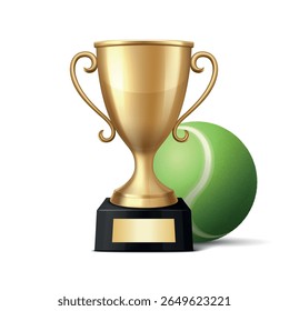 Vector 3d Realistic Golden Trophy Cup with Tennis Ball. Sports Award Illustration for Tennis Tournament, Match Victory, Champion Prize, Sports Event Design, Competition Reward, Winner Concept