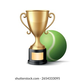 Vetor 3d Realistic Golden Trophy Cup Ícone com bola de tênis. Ilustração do Prêmio do Esporte para o Torneio de Tênis, Match Victory, Prêmio do Campeão, Design de Evento Esportivo, Recompensa da Competição, Conceito do Vencedor