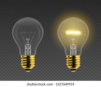 Vector 3d Realistic Golden Turning On and Off Light Bulb Icon Set Closeup Isolated on Dark Transparent Background. Glowing Incandescent Filament Lamps. Creativity Idea, Business Innovation Concept