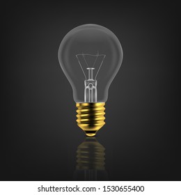 Vector 3d Realistic Golden Turning On Light Bulb Icon Closeup Isolated on White Background with Reflection. Glowing Incandescent Filament Lamps. Creativity Idea, Business Innovation Concept