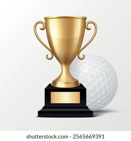 Vector 3d Realistic Golden Winner Champion Cup and Golf Ball Set. Metal Trophy Design Template for Sports Championship. Trophy and Golf Ball, Front View. Vector Illustration for Sports Concepts