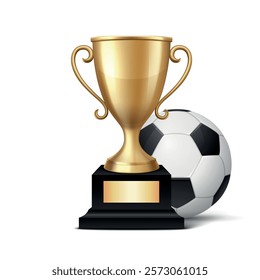 Vector 3D Realistic Golden Winner Champion Cup and Soccer Ball Set. Metal Trophy Design Template for Sports Championship. Trophy and Soccer Ball, Front View. Vector Illustration for Sports Concepts