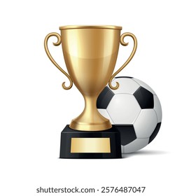 Vector 3D Realistic Golden Winner Champion Cup and Soccer Ball Set. Metal Trophy Design Template for Sports Championship. Trophy and Soccer Ball, Front View. Vector Illustration for Sports Concepts