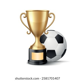 Vector 3D Realistic Golden Winner Champion Cup and Soccer Ball Set. Metal Trophy Design Template for Sports Championship. Trophy and Soccer Ball, Front View. Vector Illustration for Sports Concepts