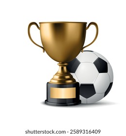 Vector 3D Realistic Golden Winner Champion Cup and Soccer Ball Set. Metal Trophy Design Template for Sports Championship. Trophy and Soccer Ball, Front View. Vector Illustration for Sports Concepts