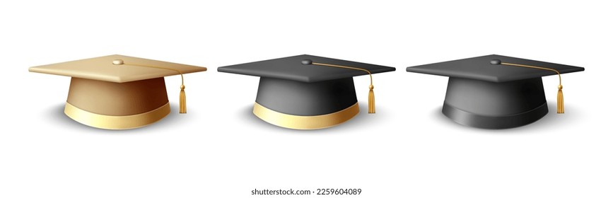 Vector 3d Realistic Graduate College, High School, University Cap Set Isolated. Vector Golden and Black Degree Ceremony Hats. Educational Student Symbol, Hat Icon