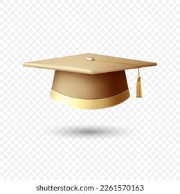 Vector 3d Realistic Graduate College, High School, University Yellow Cap Isolated. Vector Golden Degree Ceremony Hat. Educational Student Symbol, Hat Icon