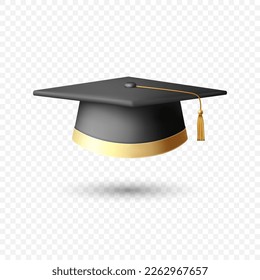 Vector 3d Realistic Graduate College, High School, University Black and Golden Cap Isolated. Vector Degree Ceremony Hat. Educational Student Symbol, Hat Icon