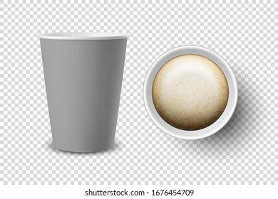 Vector 3d Realistic Gray Disposable Opened Paper, Plastic Coffee Cup for Drinks Icon Set Closeup Isolated on Transparent Background. Design Template, Mockup. Top and Front View