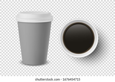 Vector 3d Realistic Gray Disposable Closed and Opened Paper, Plastic Coffee Cup for Drinks with Black Lid Set Closeup Isolated on Transparent Background. Design Template, Mockup. Top and Front View