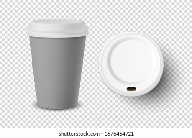 Vector 3d Realistic Gray Disposable Closed Paper, Plastic Coffee Cup for Drinks with White Lid Set Closeup Isolated on Transparent Background. Design Template, Mockup. Top and Front View