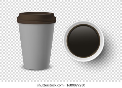 Vector 3d Realistic Gray Disposable Closed and Opened Paper, Plastic Coffee Cup for Drinks with Brown Lid Set Closeup Isolated on Transparent Background. Design Template, Mockup. Top and Front View