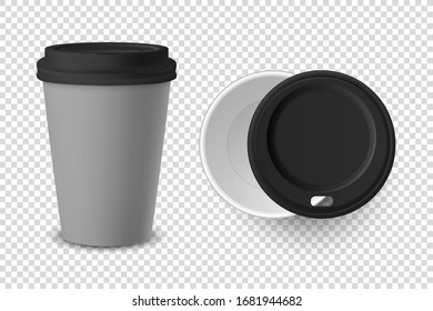 Vector 3d Realistic Gray Disposable Closed and Opened Paper, Plastic Coffee Cup for Drinks with Black Lid Set Closeup Isolated on Transparent Background. Design Template, Mockup. Top and Front View
