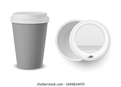Vector 3d Realistic Gray Disposable Closed Paper, Plastic Coffee Cup for Drinks with White Lid Set Closeup Isolated on White Background. Design Template, Mockup. Top and Front View