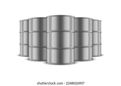 Vector 3d Realistic Gray Metal Steel Silver Color Barrels, Hazard Liquid. Caution Barrel, Radioactive, Hazardous Chemical Materials, Toxic Pollution, Many Danger Barrels, Stack, Set Closeup Isolated