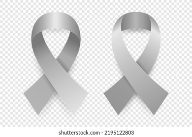 Vector 3d Realistic Gray Ribbon Set. Brain Cancer Awareness Symbol Closeup. Cancer Ribbon Template. World Brain Cancer Day Concept