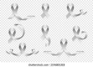 Vector 3d Realistic Gray Ribbon Set. Brain Cancer Awareness Symbol Closeup. Cancer Ribbon Template. World Brain Cancer Day Concept