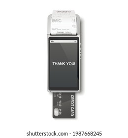 Vector 3d Realistic Gray Silver Payment Machine. POS Terminal, Paper Receipt, Black Credit Card Isolated. Design Template, Bank Payment Terminal, Mockup. Processing NFC Payments Device. Top View