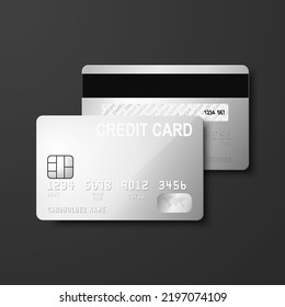Vector 3d Realistic Gray Silver Blank Credit Card Isolated. Design Template of Plastic Credit or Debit Card for Mockup, Branding. Credit Card Payment Concept. Front and Back Side
