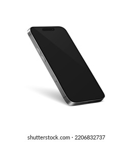 Vector 3d Realistic Gray Silver Steel Modern Smartphone Design Template with Black Screen. Mobile Phone Isolated. Telephone Device UI UX, Phone in Half Turn View