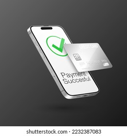 Vector 3d Realistic Gray Silver Smartphone, Credit Card, Wi-Fi Successful Payment. Concept of Payment for Purchases by Card, Online Shopping. Design Template, Bank POS Terminal. Processing 